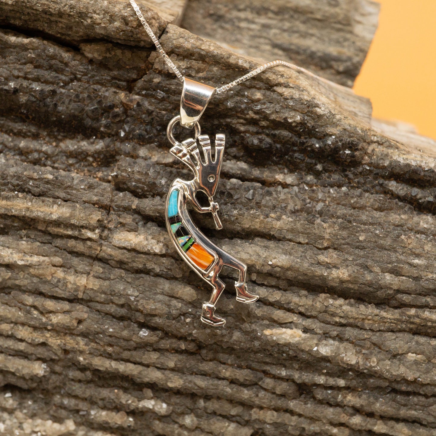 Kokopelli Necklace with Spiny Oyster, Kingman Turquoise, Onyx and Opal set in Sterling Silver