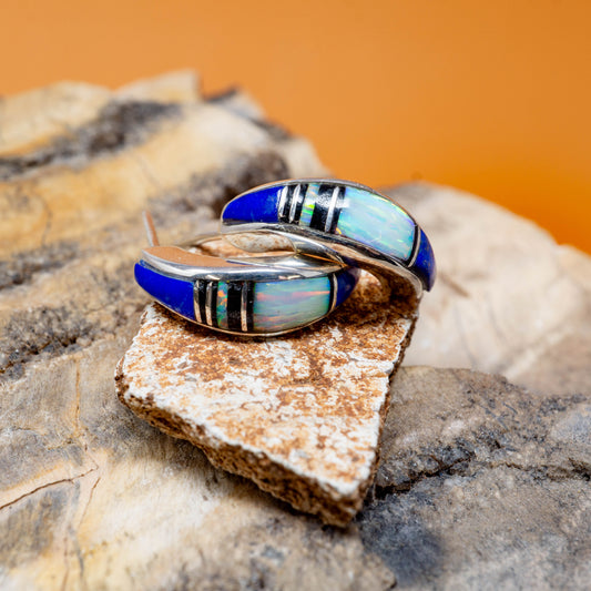 Zuni Lapis, Opal and Onyx Earrings set in Sterling Silver