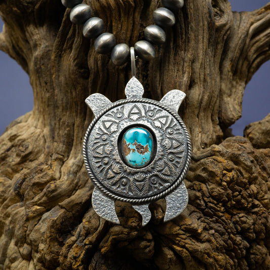 Royston Turquoise in Sterling Silver Turtle Necklace with Navajo Pearls by artist Monty Claw from Gallop, New Mexico