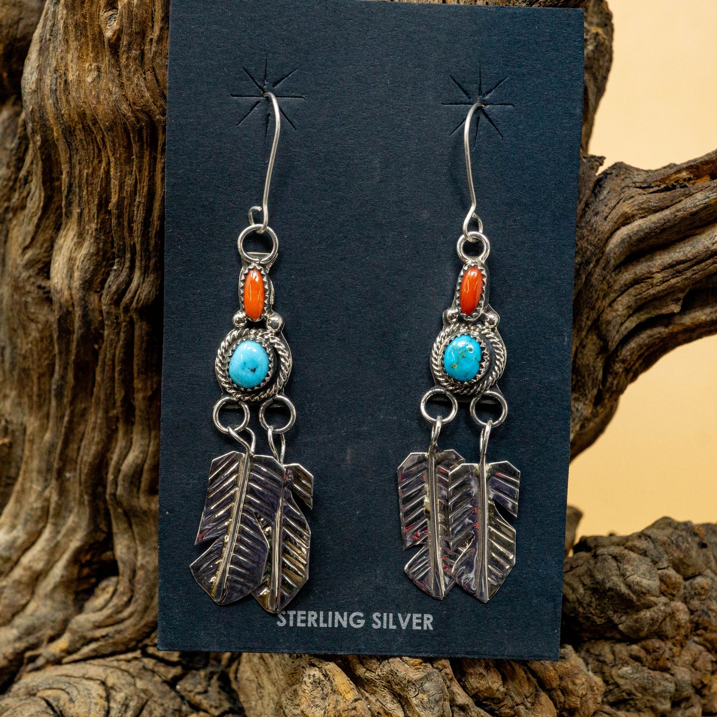 Sleeping Beauty Turquoise and Coral, Sterling Silver Feather Earrings