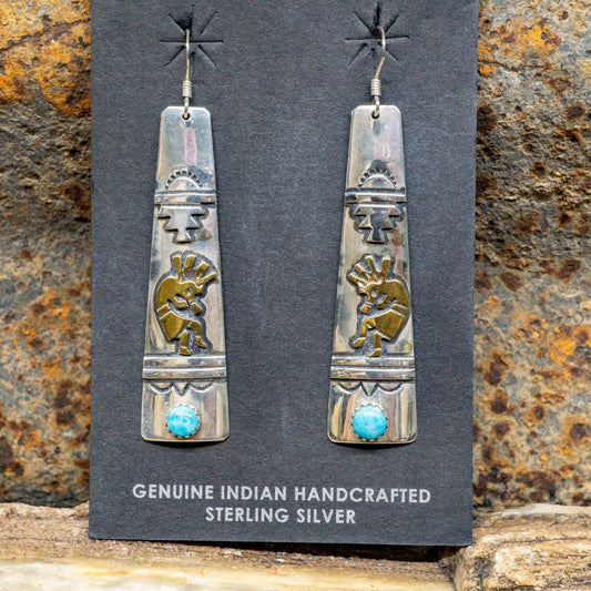 Sterling Silver Handstamped Earrings with Sleeping Beauty Turquoise and Brass Kokopeli