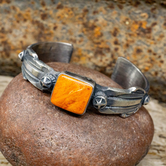 Spiny Oyster set in Hand-stamped Sterling Silver Cuff