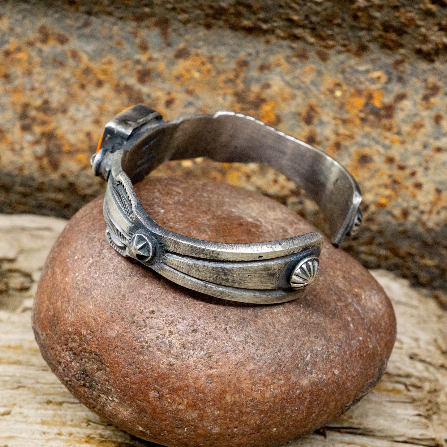 Spiny Oyster set in Hand-stamped Sterling Silver Cuff