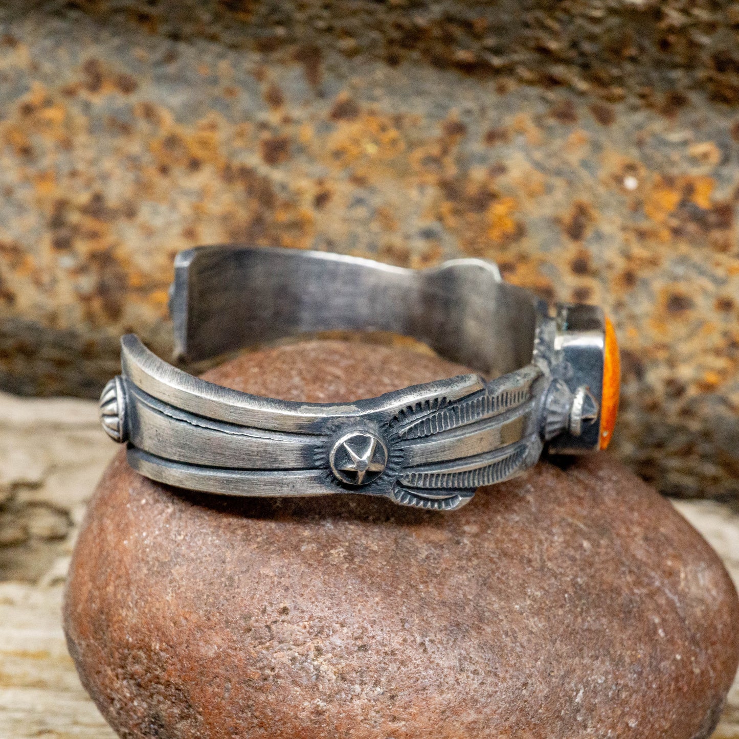 Spiny Oyster set in Hand-stamped Sterling Silver Cuff