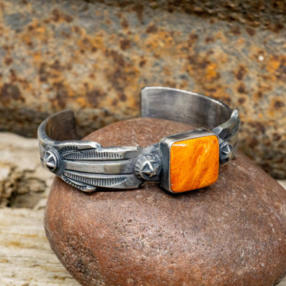 Spiny Oyster set in Hand-stamped Sterling Silver Cuff