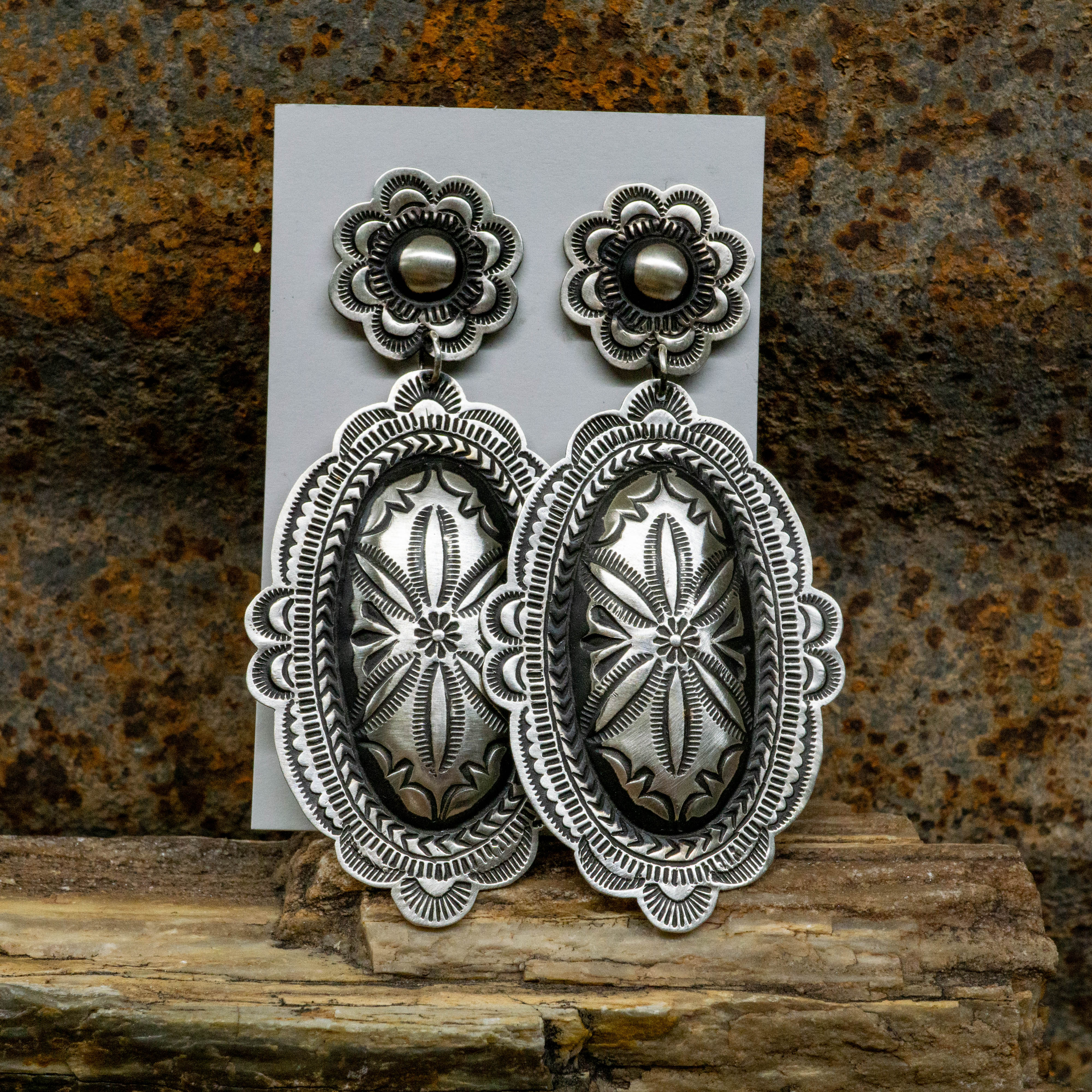 Native American Sterling Silver Oval Stamped Concho Stud Earrings For Women discount