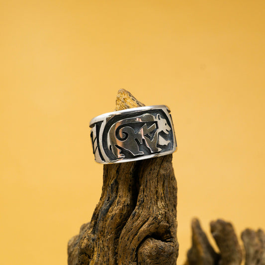Navajo Sterling SIlver Inlay Bear Ring - Size-8.25