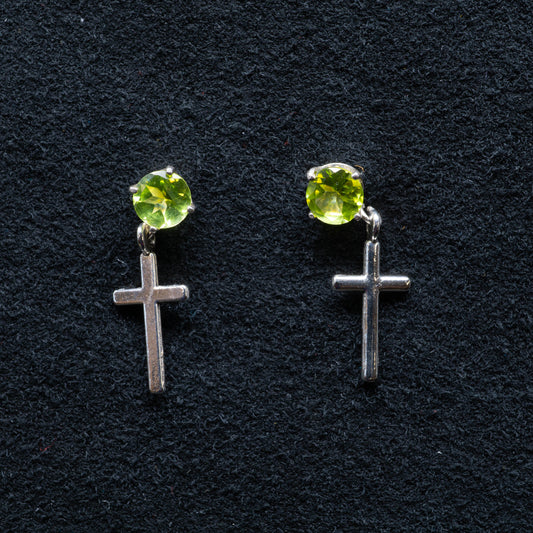 Sterling Silver Cross with Peridot Stone Earrings