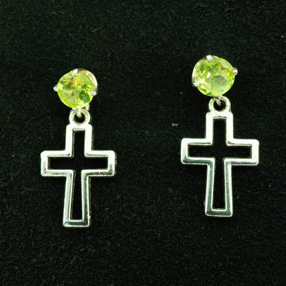 Sterling Silver Open Cross with Peridot Earrings