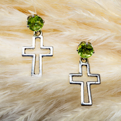 Sterling Silver Open Cross with Peridot Earrings