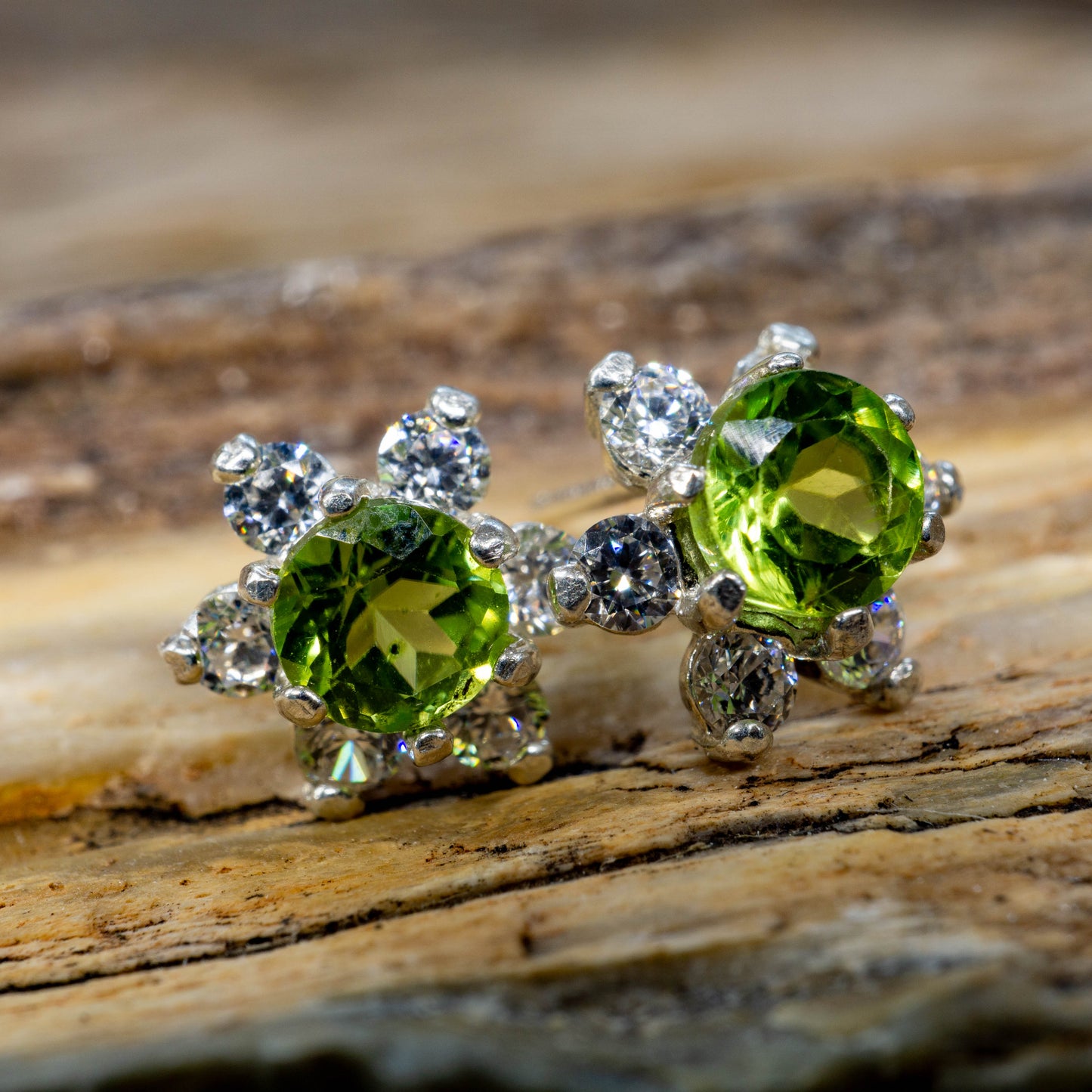 Peridot and Crystal Flower Earrings set in Sterling Silver