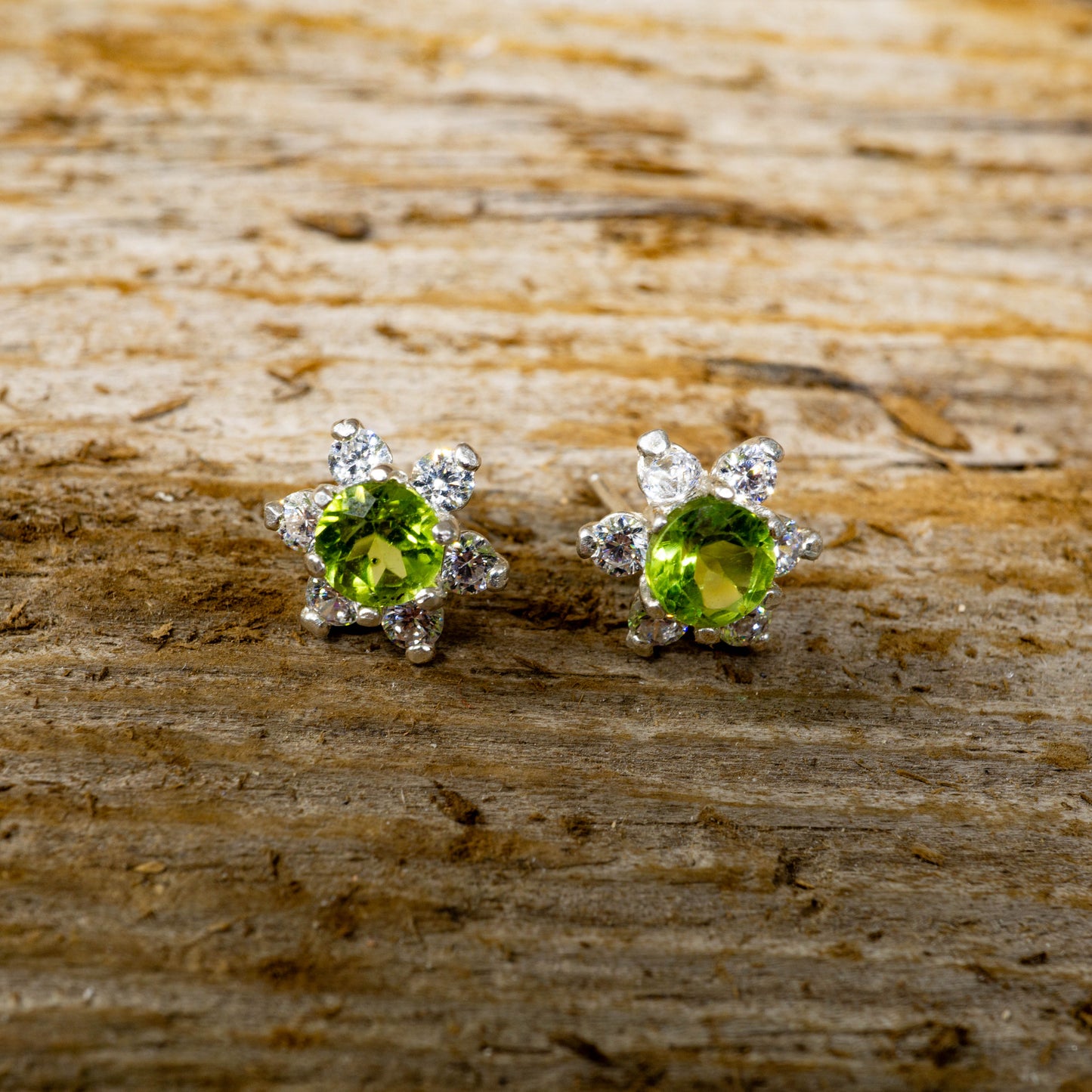 Peridot and Crystal Flower Earrings set in Sterling Silver