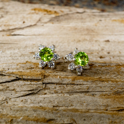 Peridot and Crystal Flower Earrings set in Sterling Silver