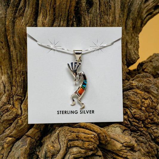 Hopi Kokopelli Necklace with Spiny Oyster, Jet and Kingman Turquoise in Sterling Silver