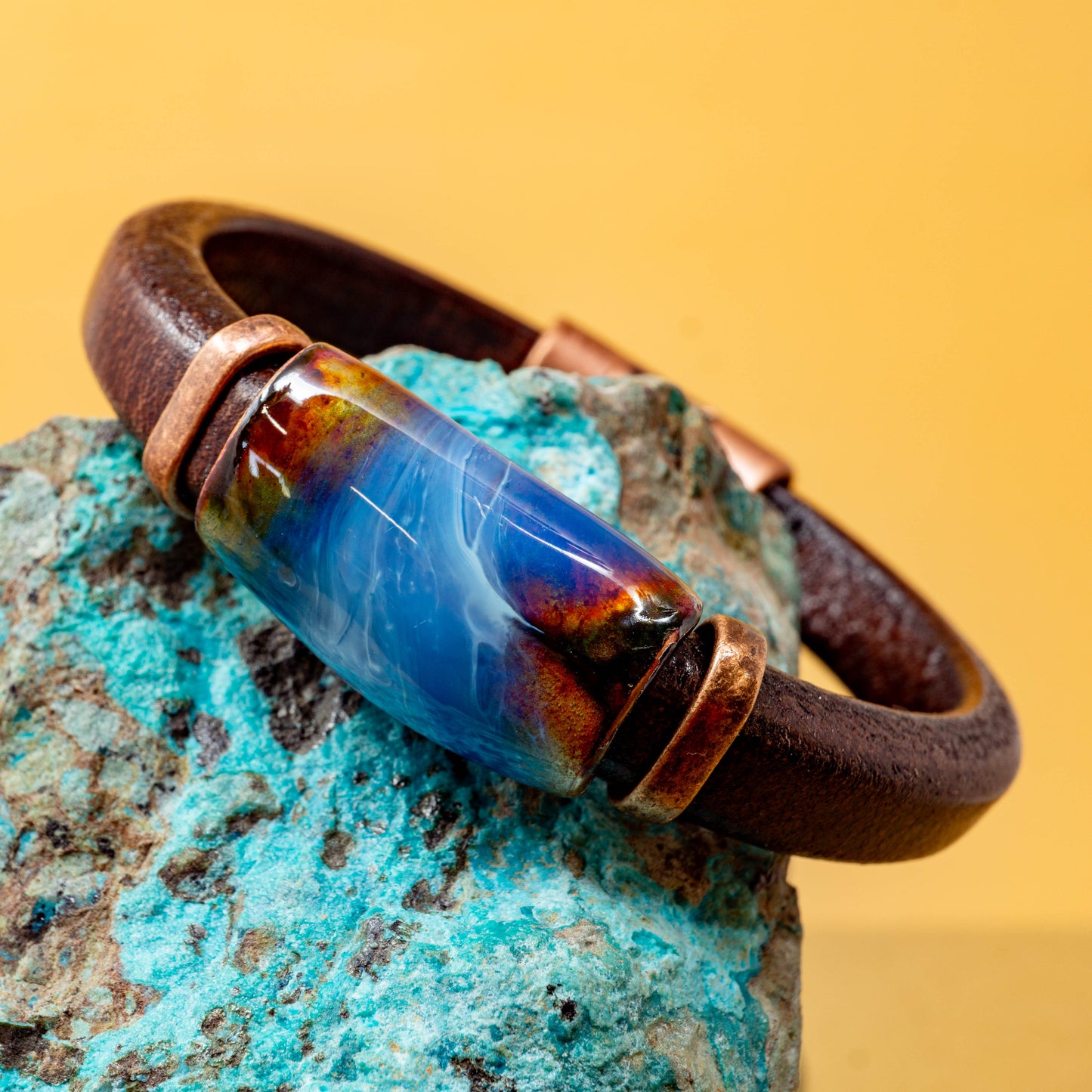 Brown Leather Bracelet with Turquoise Skies Ceramic Bead and Copper Accents