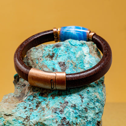 Brown Leather Bracelet with Turquoise Skies Ceramic Bead and Copper Accents