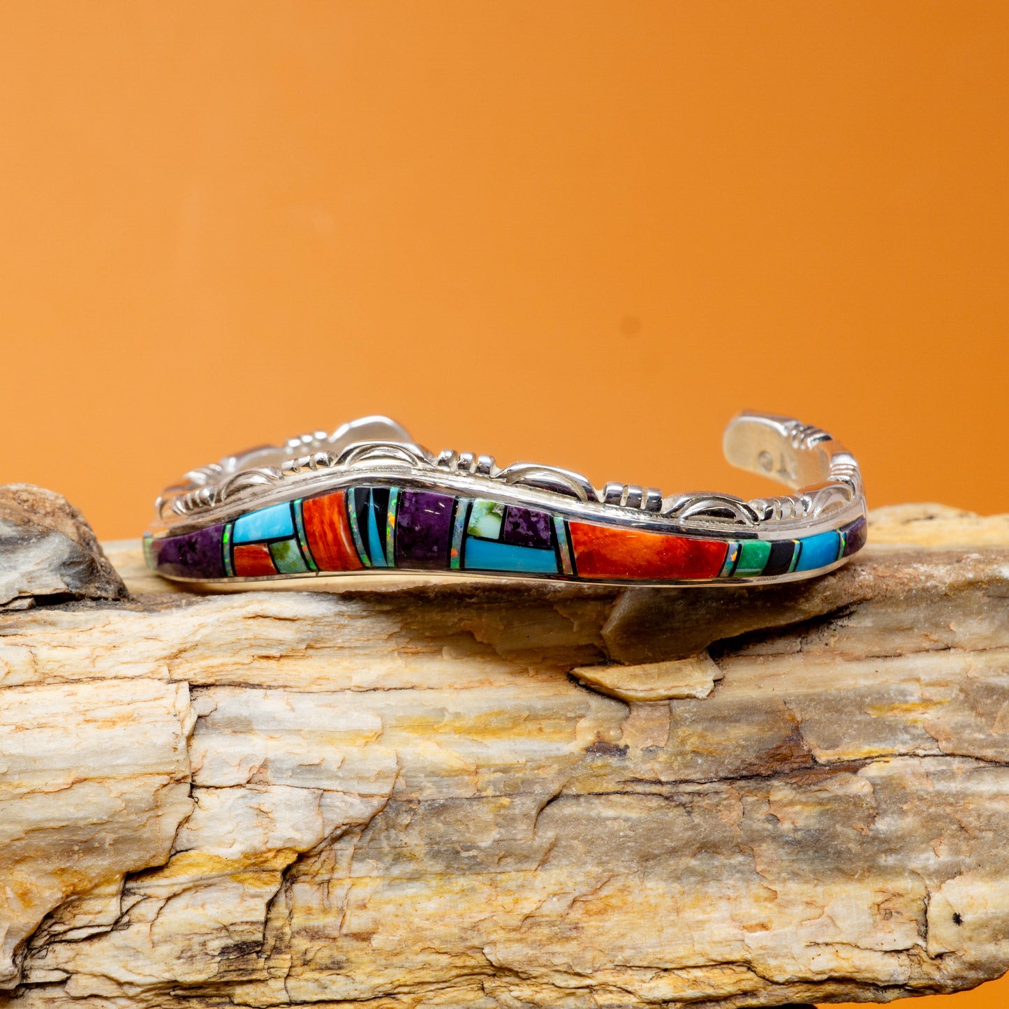 Zuni Inlay Cuff Bracelet set in Sterling Silver