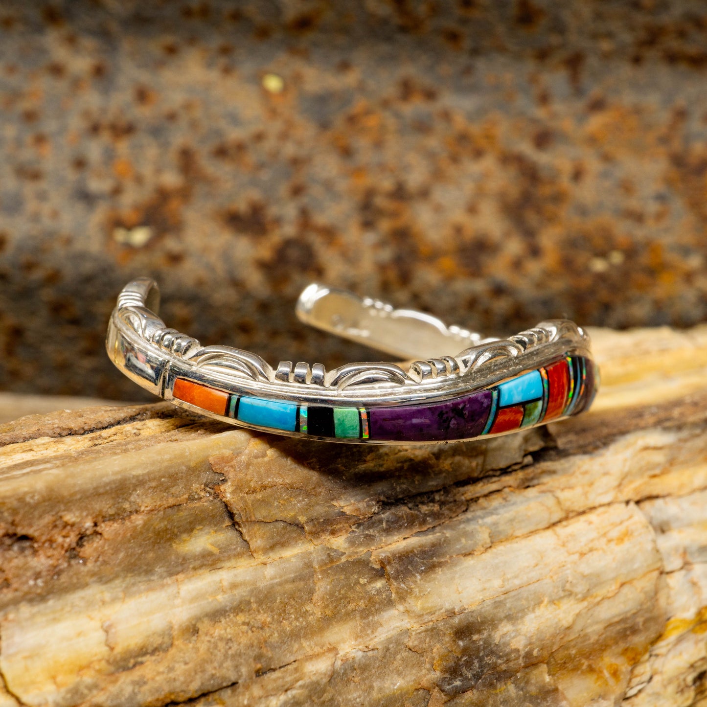 Zuni Inlay Cuff Bracelet set in Sterling Silver