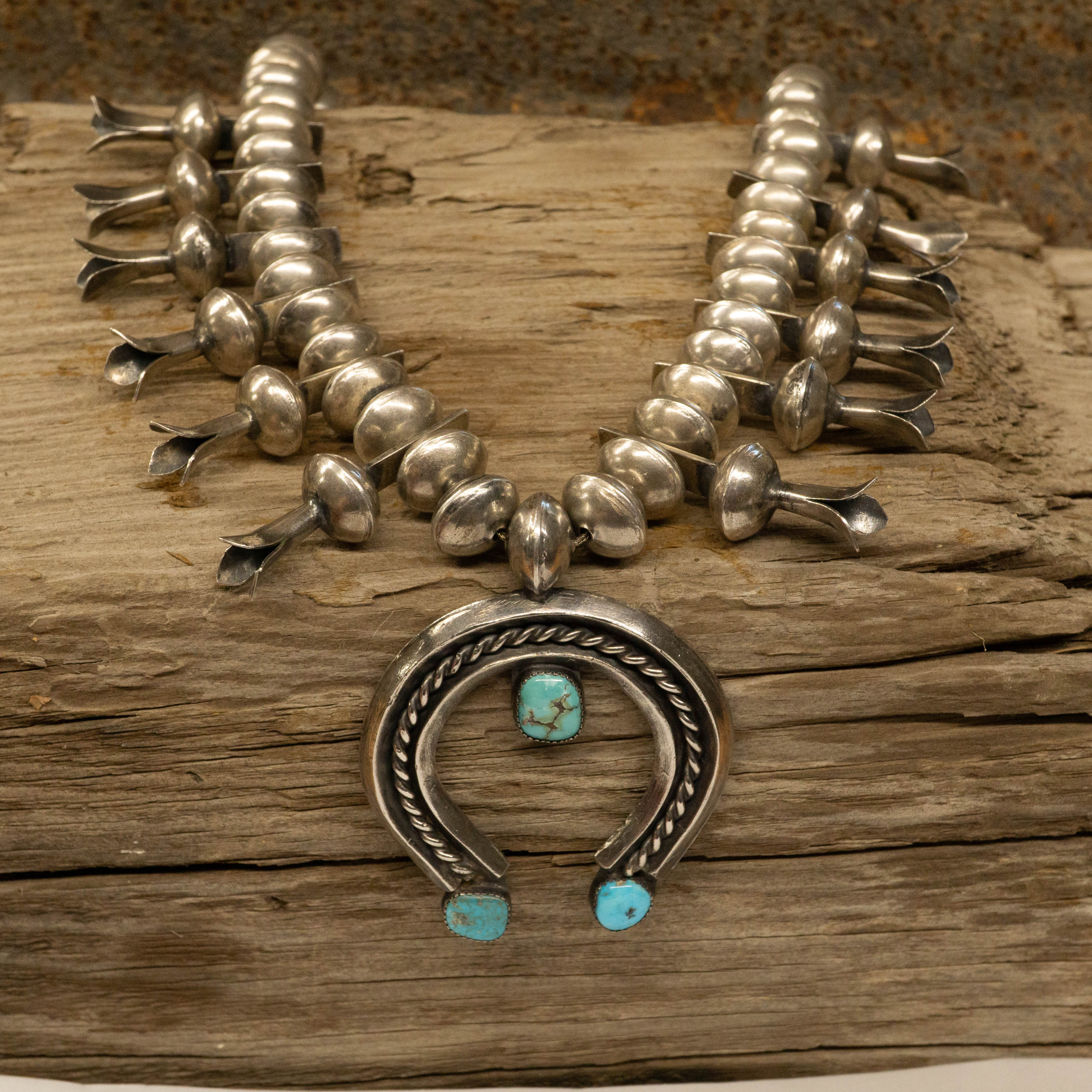 Vintage Navajo Squash Blossom Naja Necklace with Kingman turquoise and  Navajo Pearls