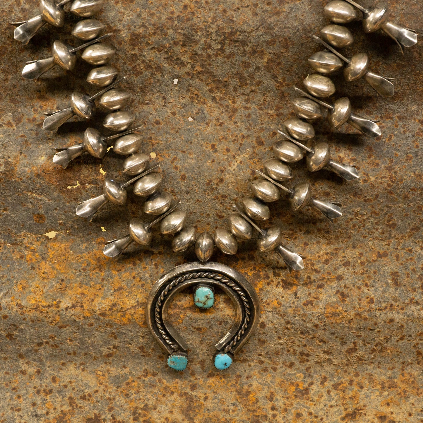 Vintage Navajo Squash Blossom Naja Necklace with Kingman turquoise and Navajo Pearls