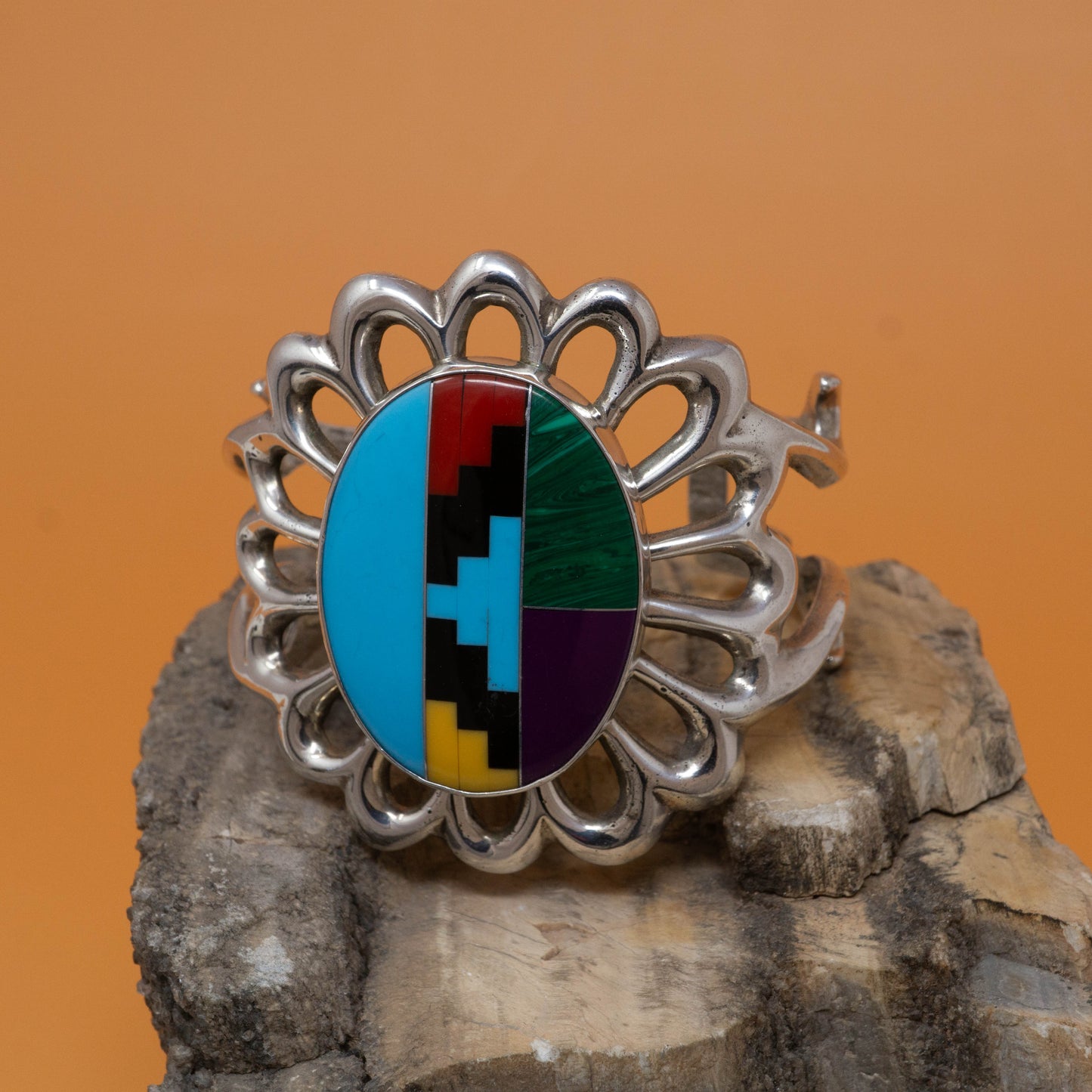 Vintage Flower Sandcast Cuff Bracelet with Malachite, Sugilite, Turquoise, Onyx and Spiny Oyster set in Sterling Silver