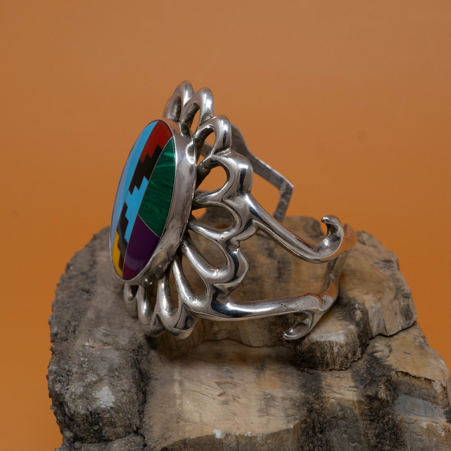 Vintage Flower Sandcast Cuff Bracelet with Malachite, Sugilite, Turquoise, Onyx and Spiny Oyster set in Sterling Silver