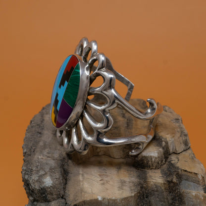 Vintage Flower Sandcast Cuff Bracelet with Malachite, Sugilite, Turquoise, Onyx and Spiny Oyster set in Sterling Silver