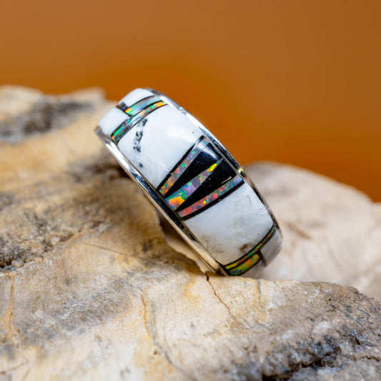 White Buffalo, Opal and Onyx Inlay Ring set in Sterling Silver