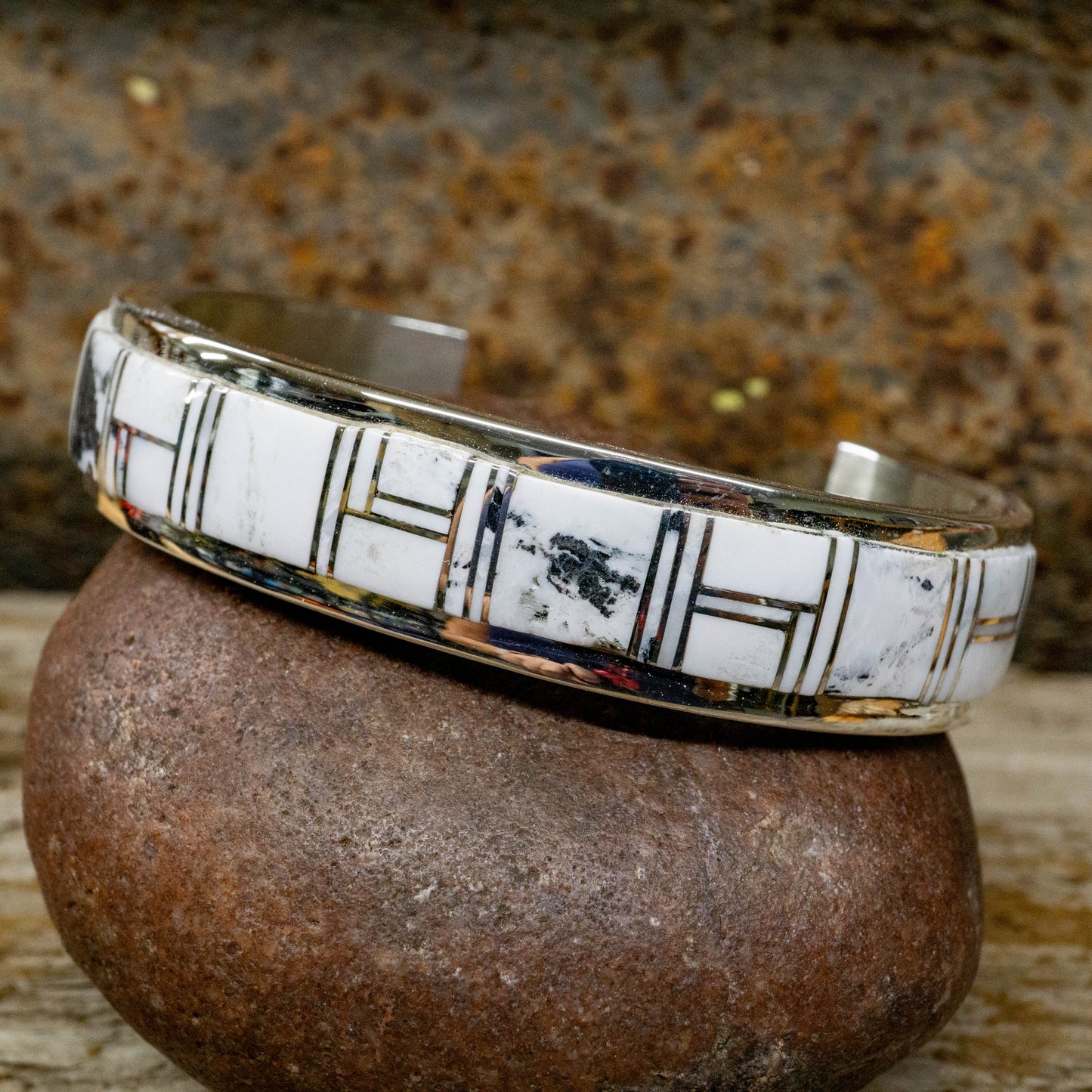 White Buffalo Inlay - Sterling Silver Cuff Bracelet