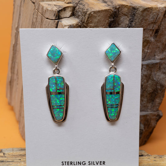 Zuni Inlay Dyed Opal Earrings set in Sterling Silver - Julius Burbank