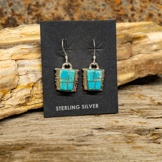 Zuni Inlay Earrings with Kingman Turquoise in Sterling Silver