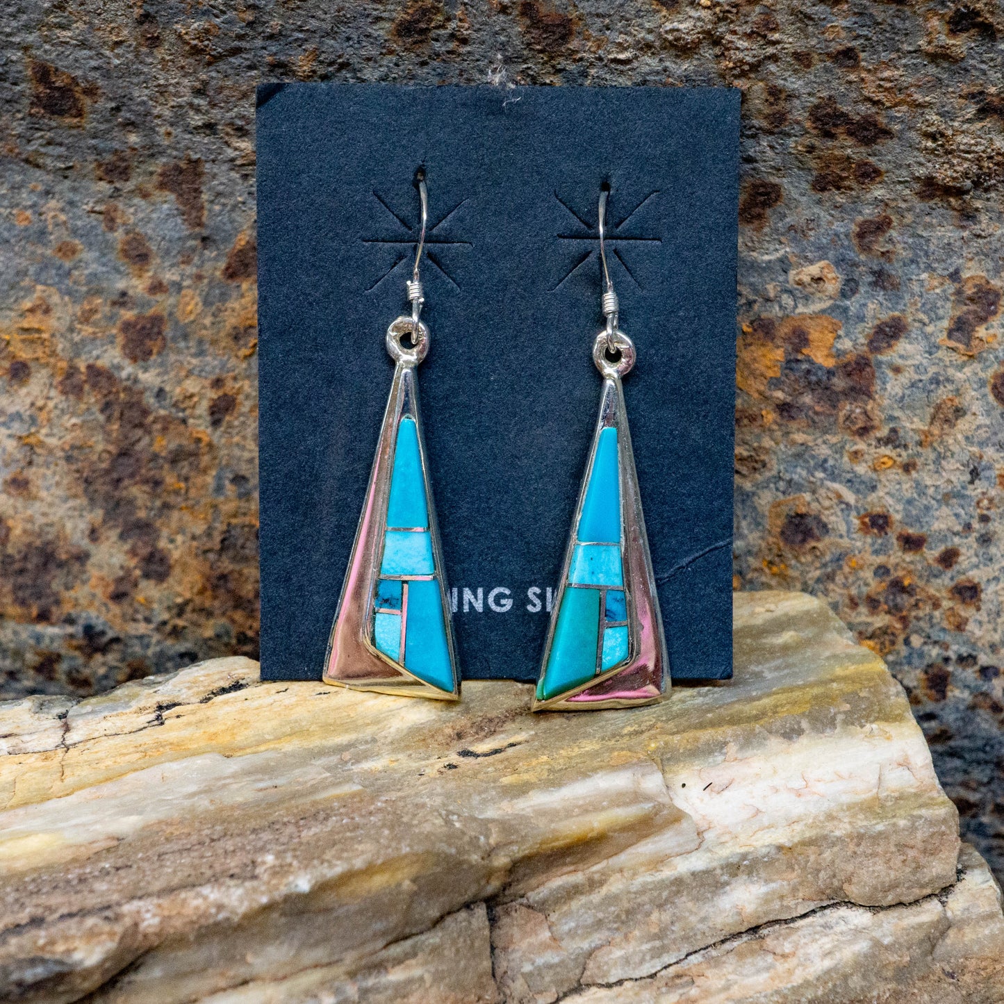 Zuni Inlay Earrings with Kingman Turquoise set in Sterling Silver