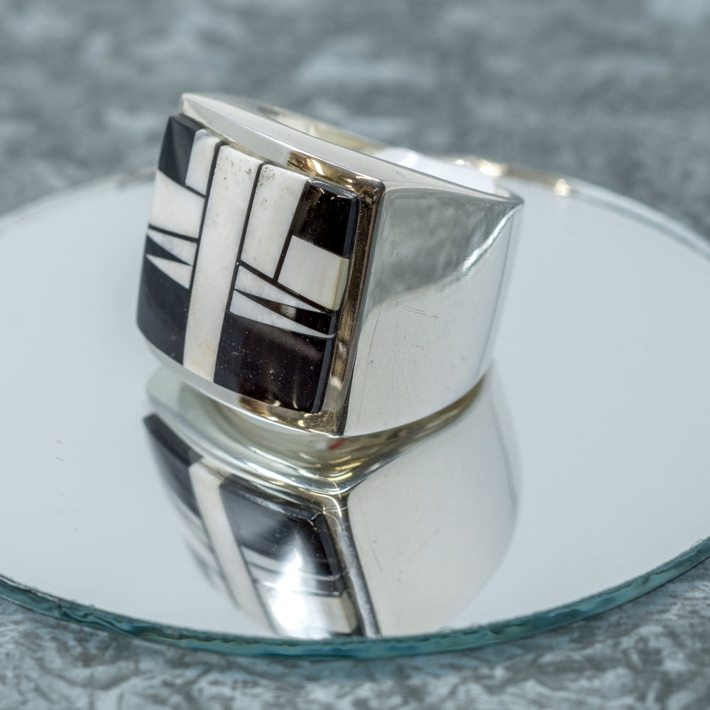 Jet & White Buffalo Inlay Ring - Size 11.5