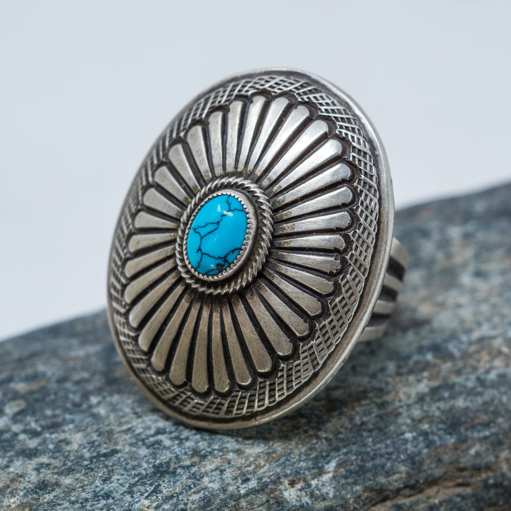 Turquoise & Stamped Silver Ring - Size 5.5
