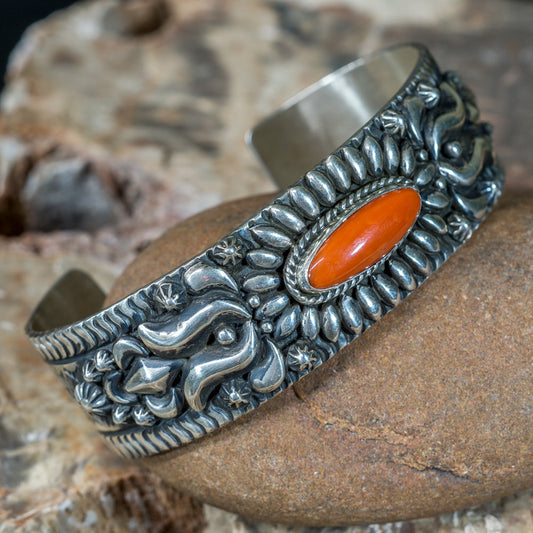 Stamped Becenti Coral & Sterling Silver Cuff Bracelet