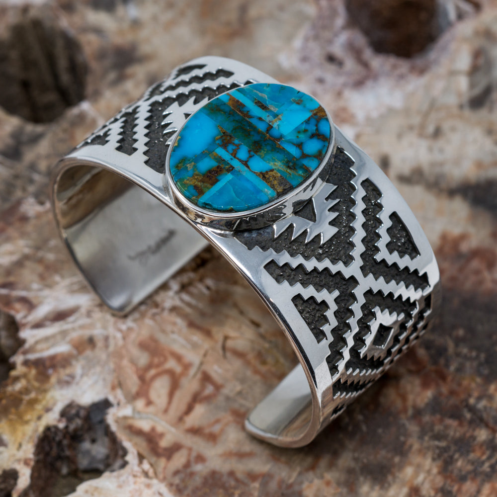 Old Kingman Turquoise & Sterling Silver Overlay Cuff Bracelet by Tommy Jackson
