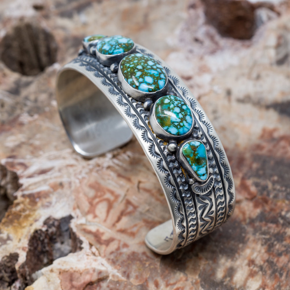 Kingman Turquoise & Stamped Sterling Silver Cuff Bracelet by June Defauito