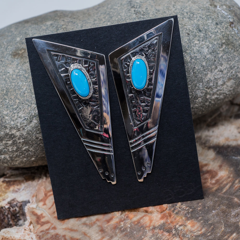 Sleeping Beauty Turquoise & Stamped Sterling Silver Triangle Earrings