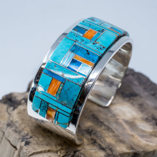 Sleeping Beauty & Kingman Turquoise Inlay Cuff Bracelet by Marie Jackson