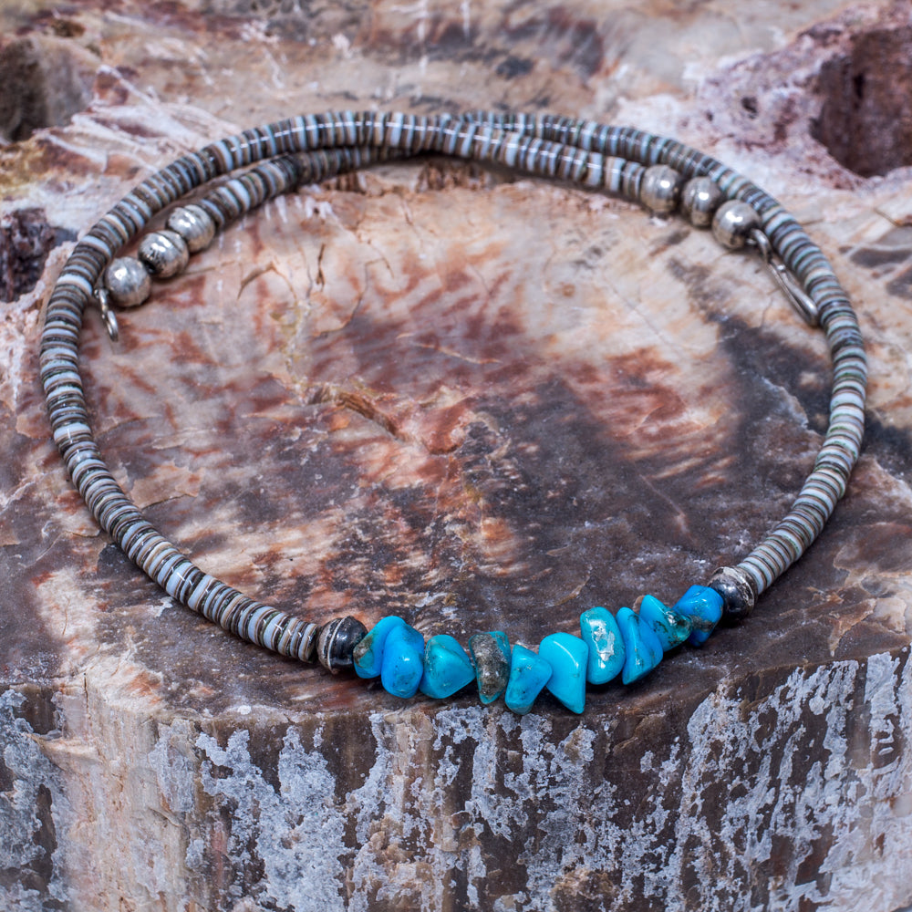 1980s Bisbee Turquoise, Gray Shell & Sterling Silver Beaded Necklace by Priscilla Nieto