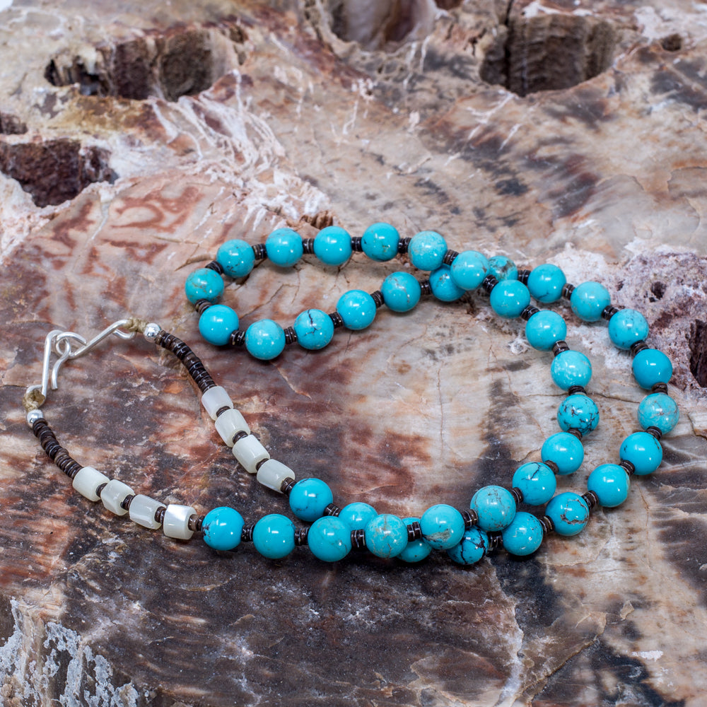 Turquoise, Mother of Pearl & Olive Shell Beaded Necklace by Harvey Abeyta
