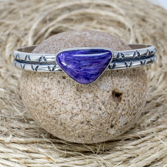 Charoite & Stamped Sterling Silver Cuff Bracelet