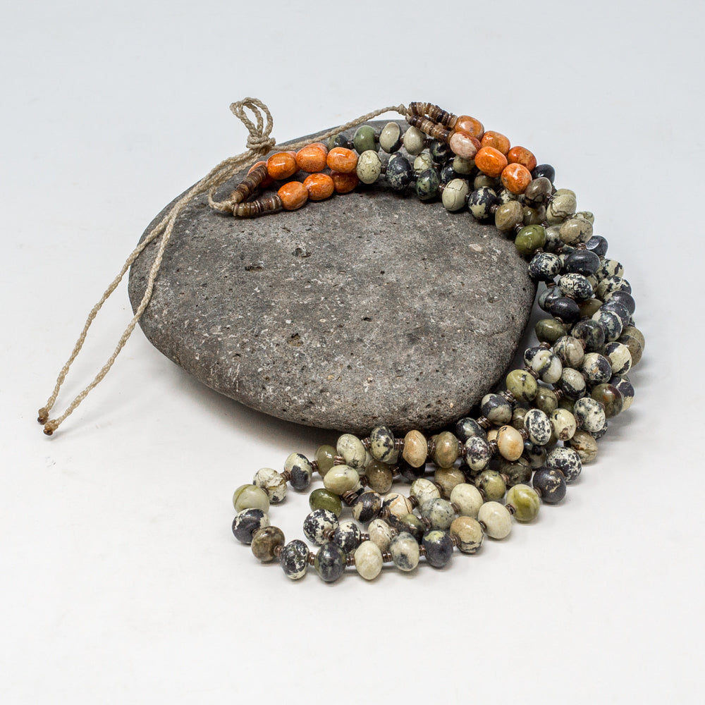 Three Strand Serpentine, Spiny Oyster & Olive Shell Beaded Necklace by Priscilla Nieto