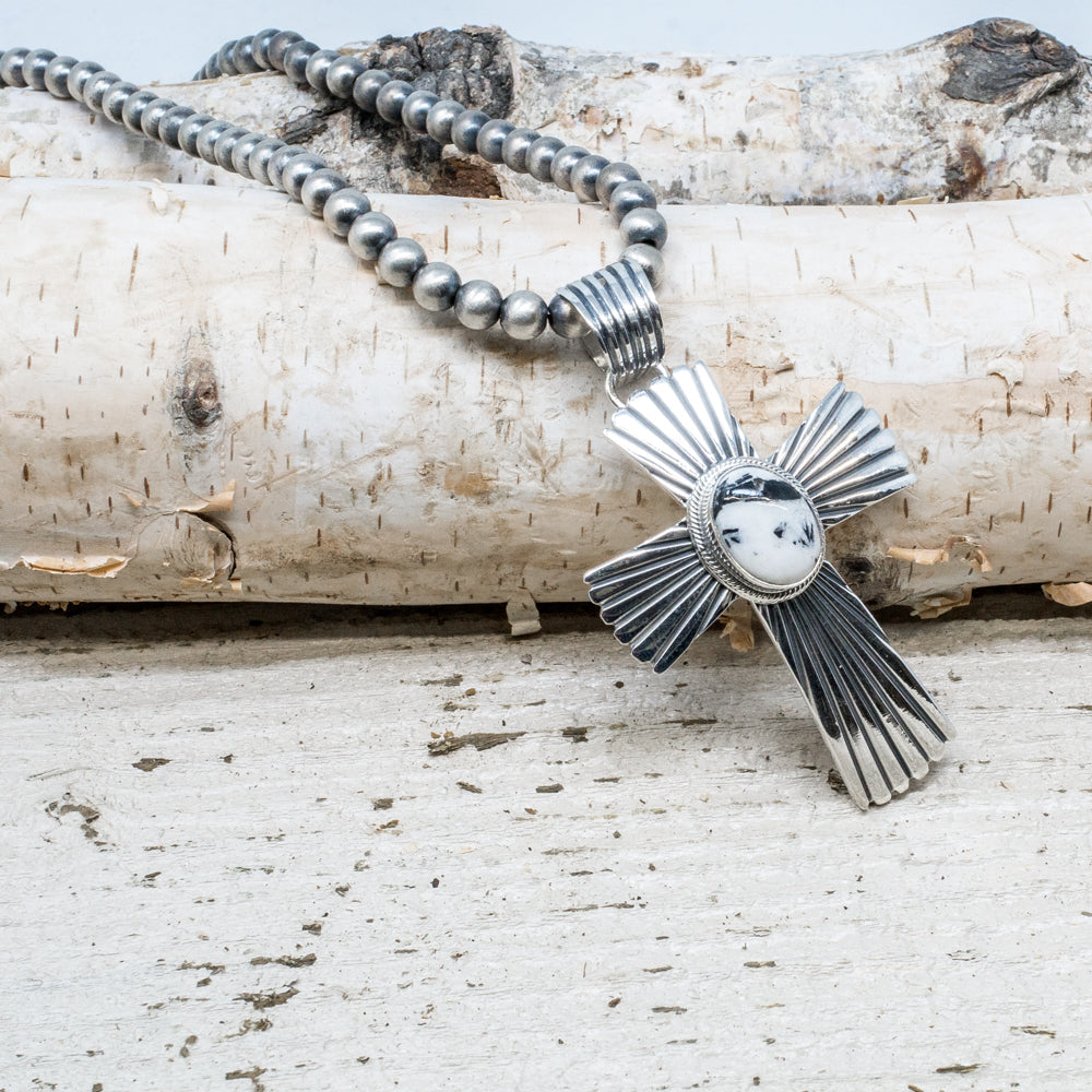 White Buffalo & Stamped Sterling Silver Cross Pendant Necklace