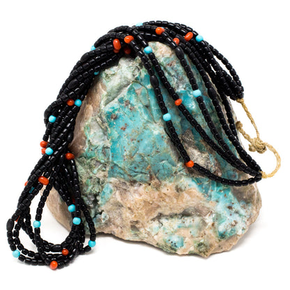 Jet, Turquoise & Bamboo Coral Beaded Necklace