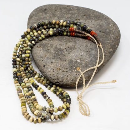 Three Strand Serpentine, Coral & Olive Shell Necklace by Priscilla Nieto