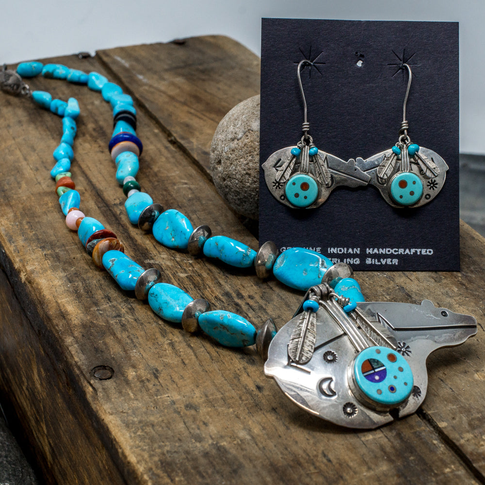 Turquoise Silver Bear Earring & Necklace Set by E. Benally