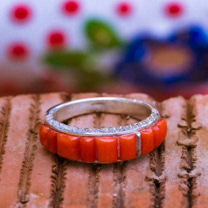 Coral & Sterling Silver Cobblestone Inlay Ring Size 9.25