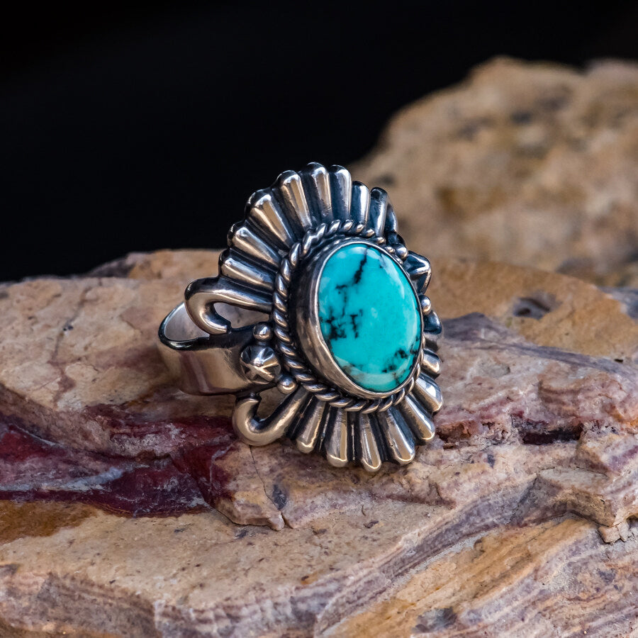 Turquoise & Sterling Silver Stamped Ring Size 12.25