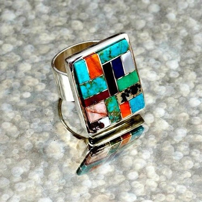 Sterling Silver & Multi-Stone Inlay Ring by Tommy Jackson Size 8.5